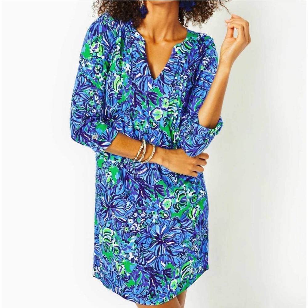NEW LILLY PULITZER fairfax 3/4 sleeve dress in abaco blue in turtle awe